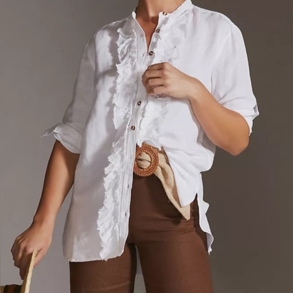 Pilcro Tops - Pilcro Ruffled Button Down Top Shirt Women’s White Linen Blend Romantic